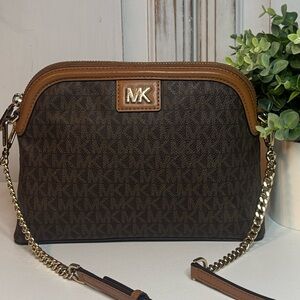 Michael Kors Jet Set Brown MK Signature Dome Crossbody Bag Gold Chain Strap
